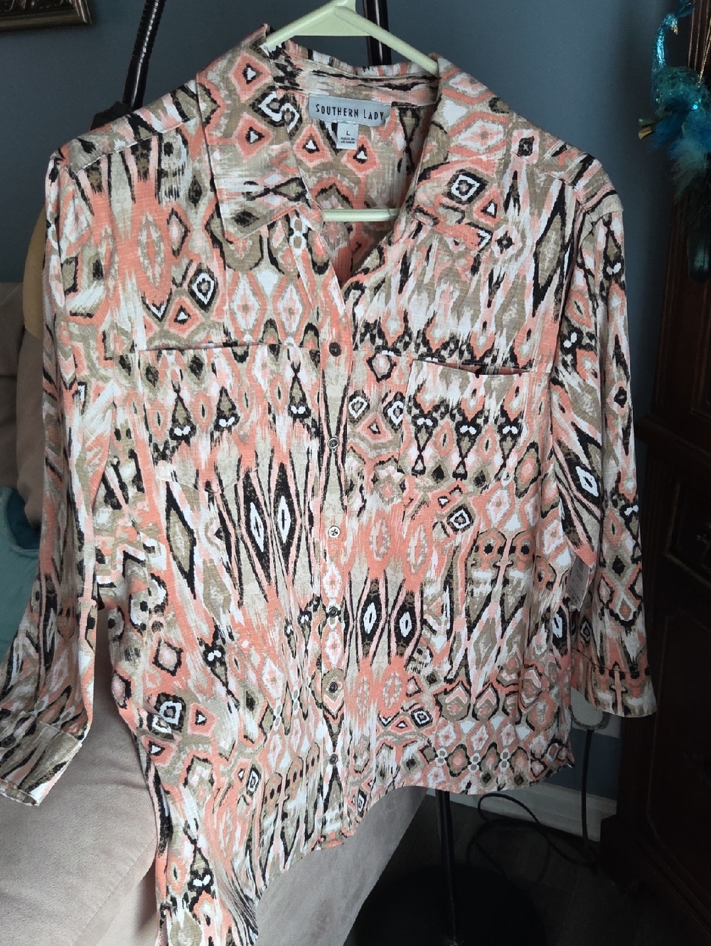 Southern Lady Peach Coral Ikat Button-Down Shirt
